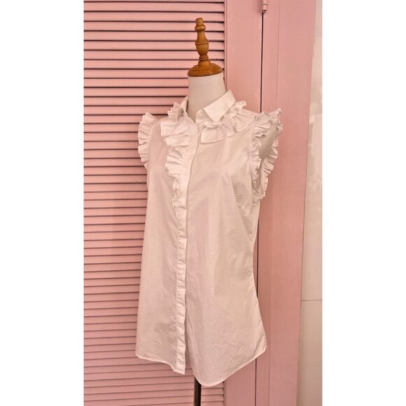 Banana Republic Size 10 Top White Sleeveless Riley Ruffle Stretch Cotton Buttons - Picture 5 of 15